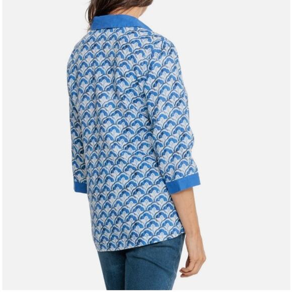 Sigrid Olsen Popover Linen Shirt Womens M Royal Blue Floral Collared 3/4 Sleeve - Picture 3 of 11